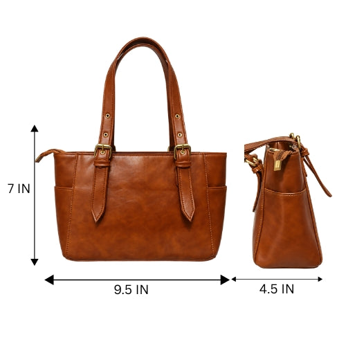 Women's Classic Brown Tote Hand Bag with Side Pockets