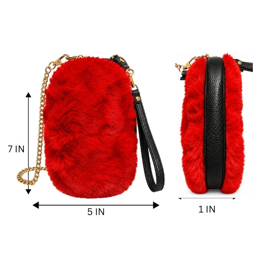 Soft Plush Fur Mini Sling & Hand Bag With Gold Chain