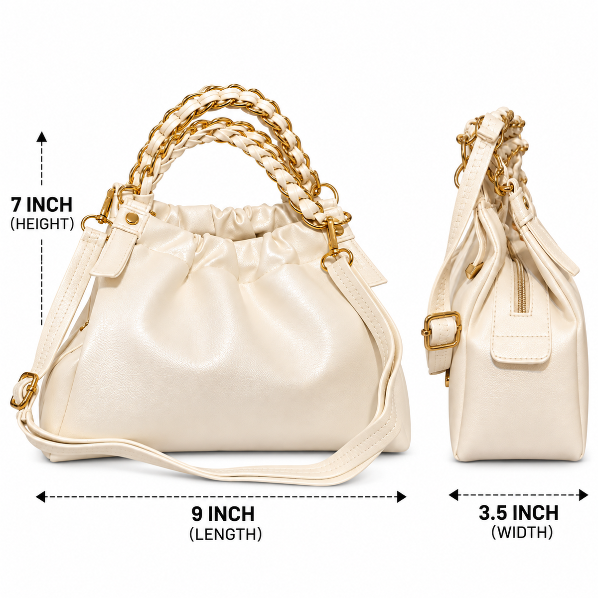 Elegant Ivory Ruched Sling / Shoulder Handbag with Gold Chain Handle