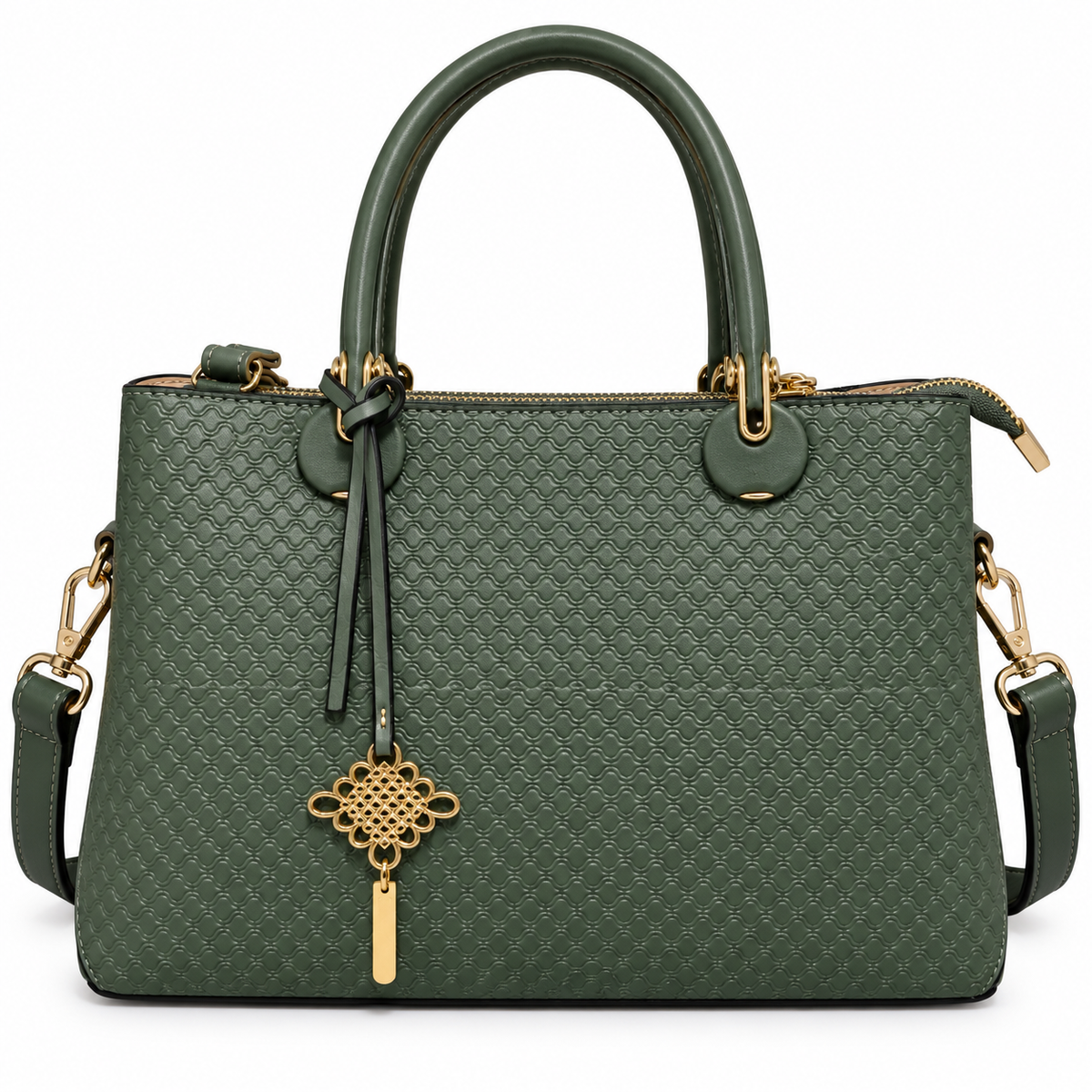 Embossed Nude Textured Handbag with Gold Charm & Detachable Sling Strap