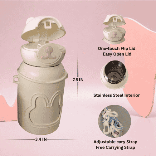 Baby Bear Kids Insulated Water Bottle 500ml | Leak-Proof Straw Sipper with Silicone Cover & Carry Strap