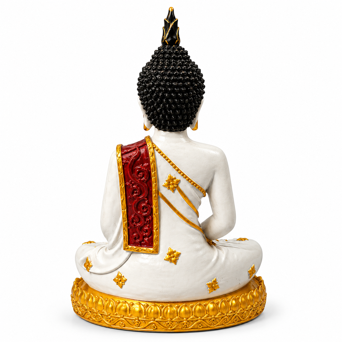 White and gold meditating buddha statue with red robe - luxury artistic home decor showpiece for living room, office, study and tabletop decoration