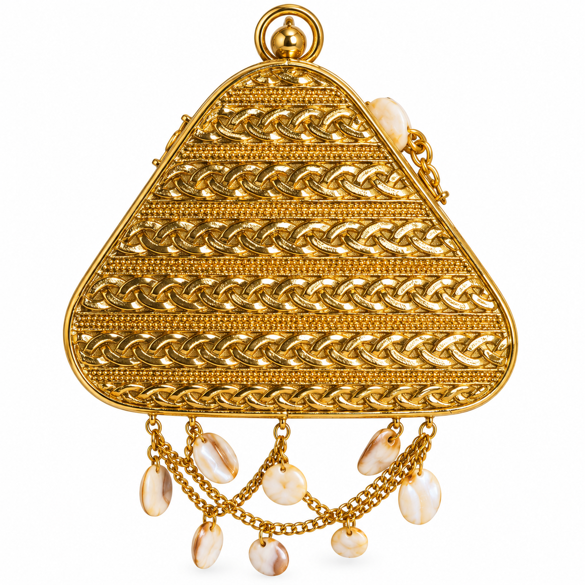 Golden Metal Sling Clutch Bag with Pearl Chain Details