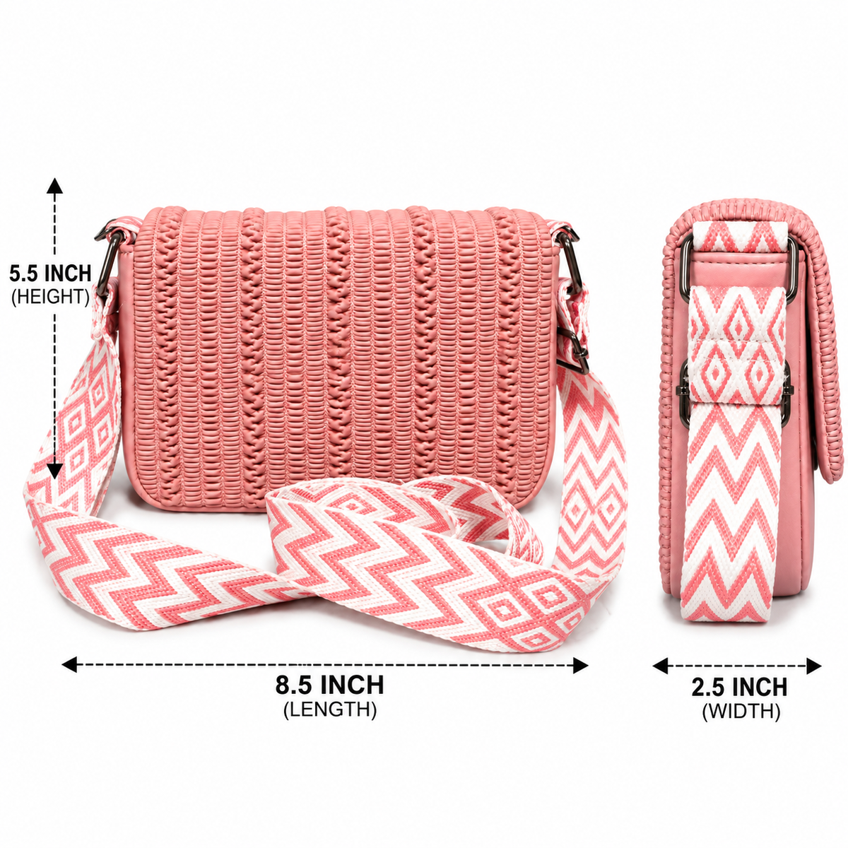 Pink Woven Textured Sling Bag for Women with Adjustable Printed Strap