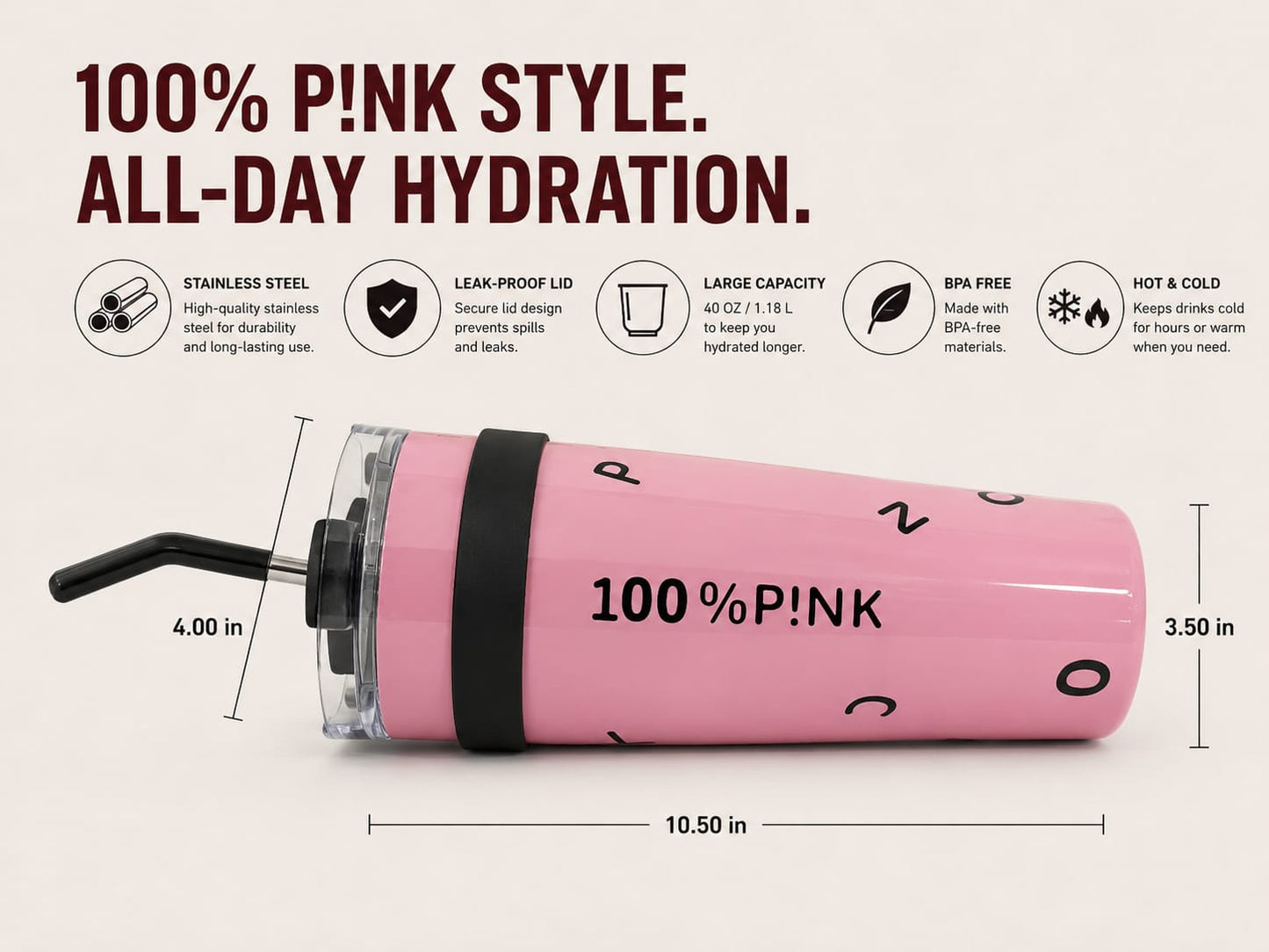 100% P!NK Stainless Steel Insulated Tumbler with Handle & Steel Straw – 40 OZ
