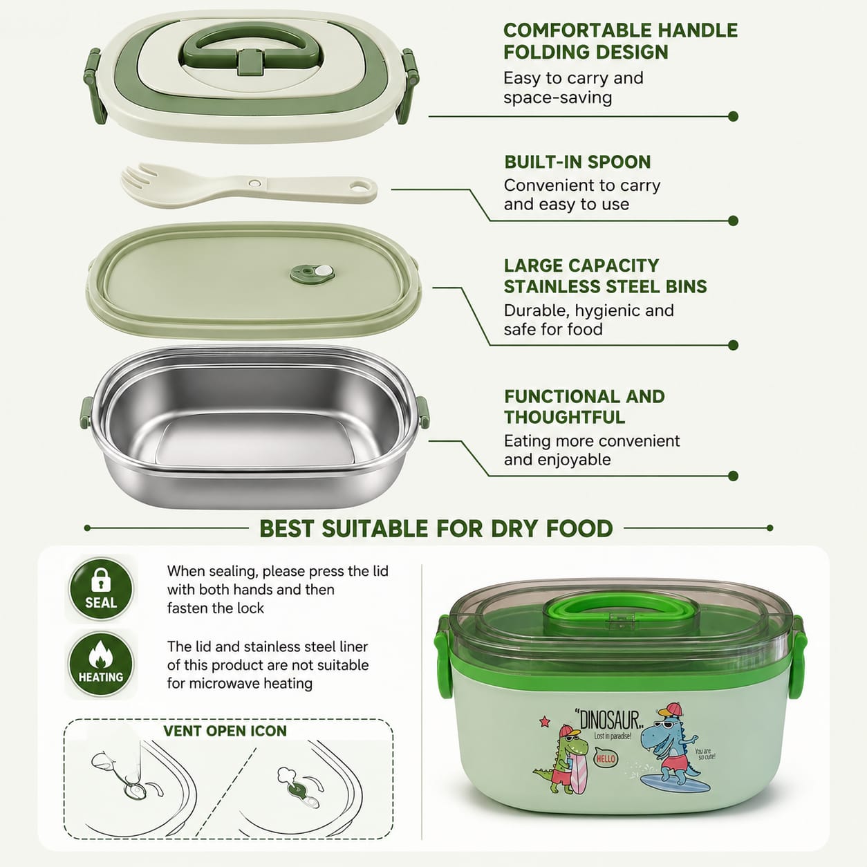 Dino Adventure Lunch Box – Food Grade Stainless Steel Container with Spoon & Locking Lid