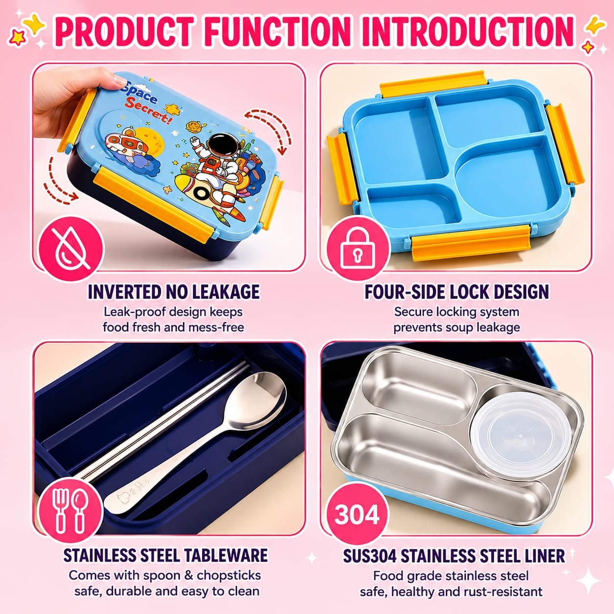 Kids Stainless Steel Lunch Box – Leakproof 3 Compartment Bento Box with Spoon & Cute Cartoon Design