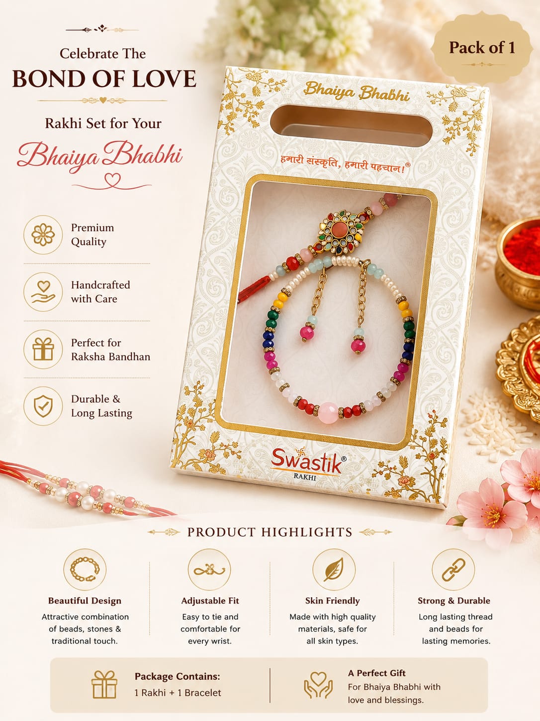 Premium Bhaiya Bhabhi Rakhi Set with Multicolor Beads Bracelet | Designer Rakhi Gift Pack