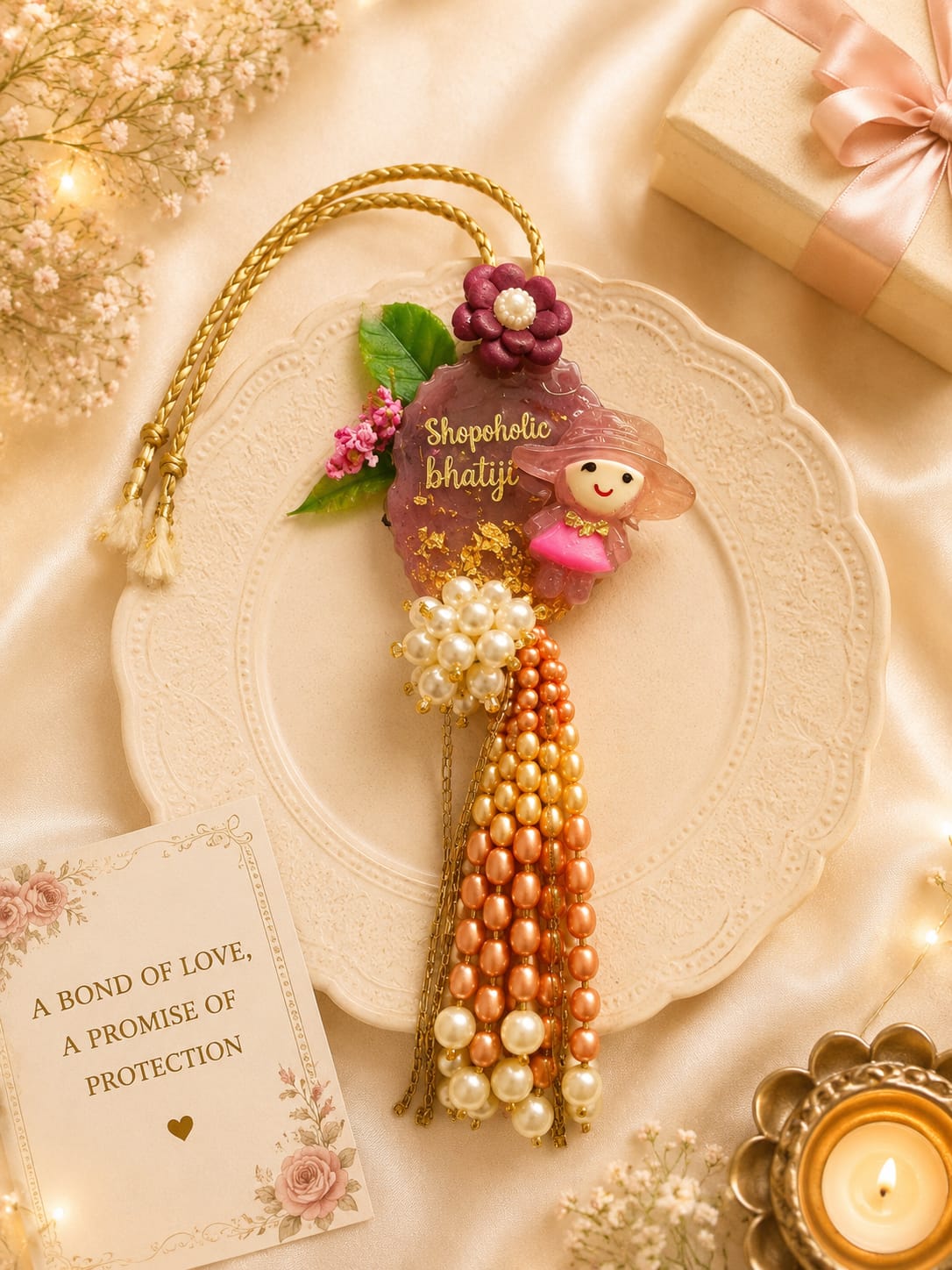 Premium Shopaholic Bhatiji Rakhi | Handmade Resin Kids Rakhi with Pearl Tassels & Doll Charm