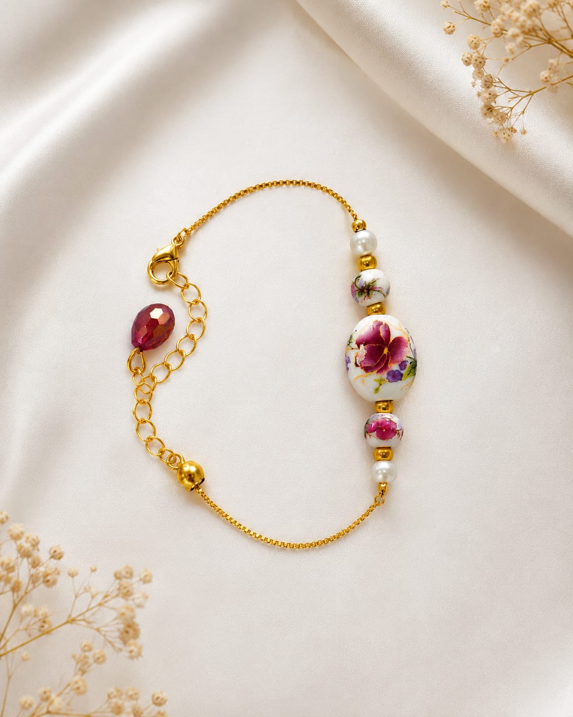 Premium Floral Pearl Bracelet Rakhi | Elegant Gold Chain Designer Rakhi for Sister & Brother