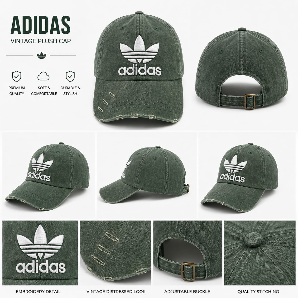 Vintage Washed Embroidered Baseball Cap – Adjustable Unisex Green Cap