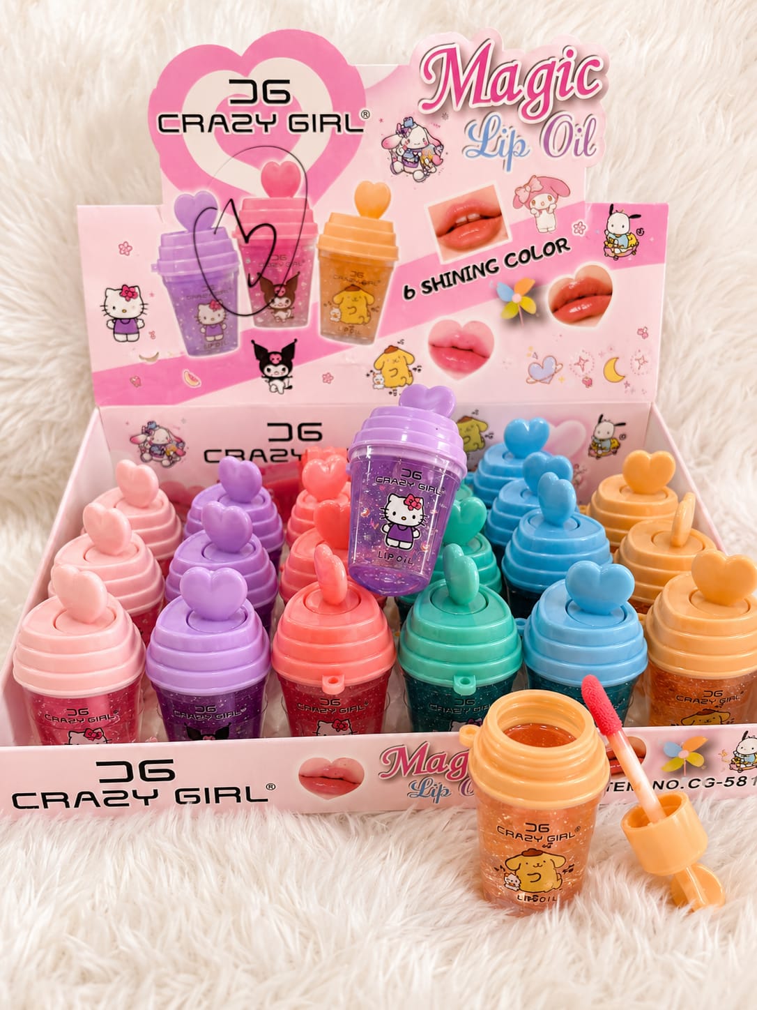 Crazy Girl Kawaii Character Lip Oil Glittering Cup Design with Heart wand A Sip of Sparkles for Your Lips