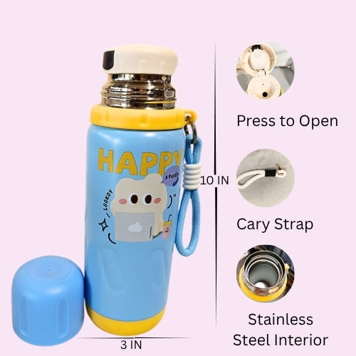 Kids Insulated Water Bottle with Cup | Cute Cartoon Design | Leak Proof | Carry Strap