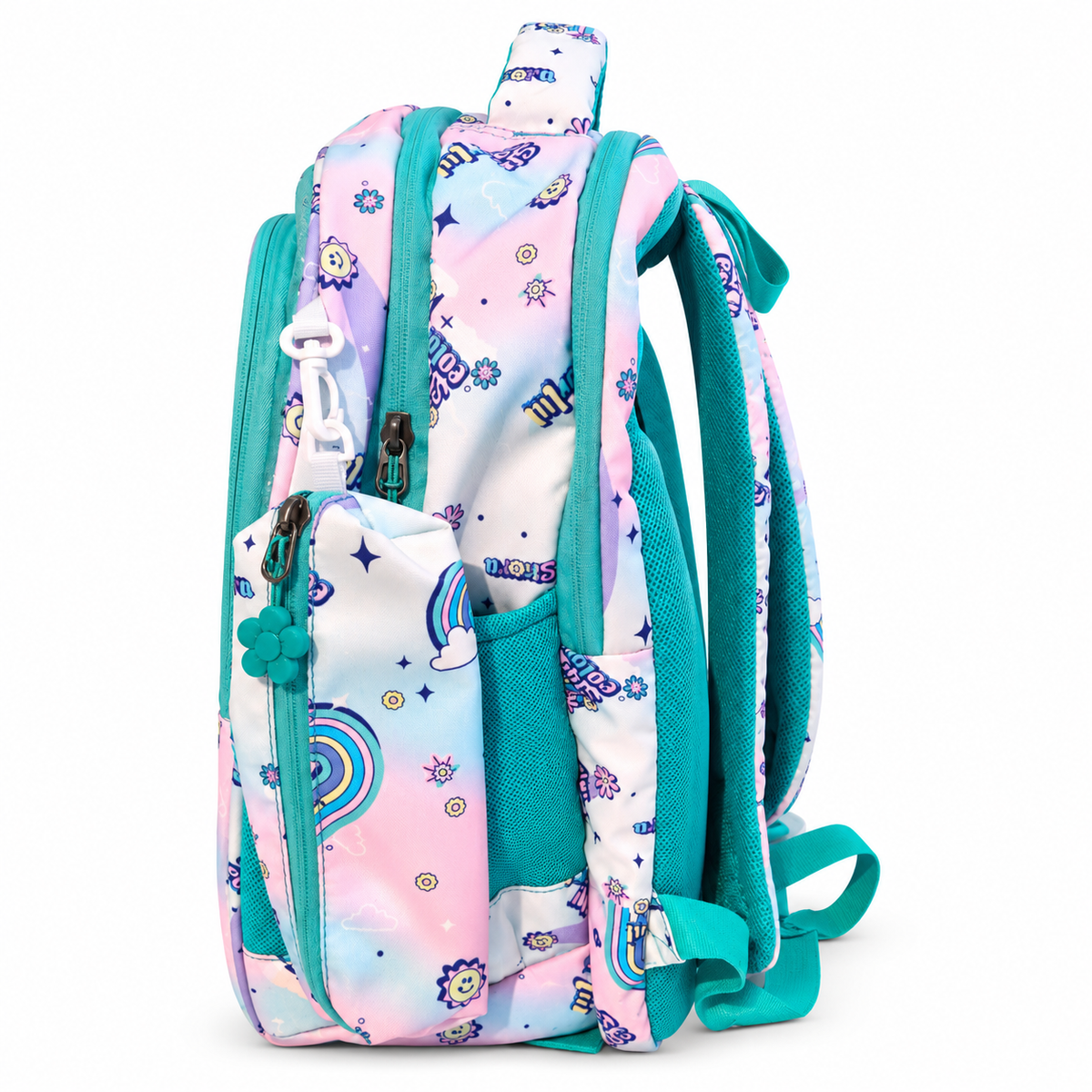 Rainbow Kids School | 4 Zipper Spacious School Bag | Lightweight & Stylish with Side Pockets and Detachable Pouch
