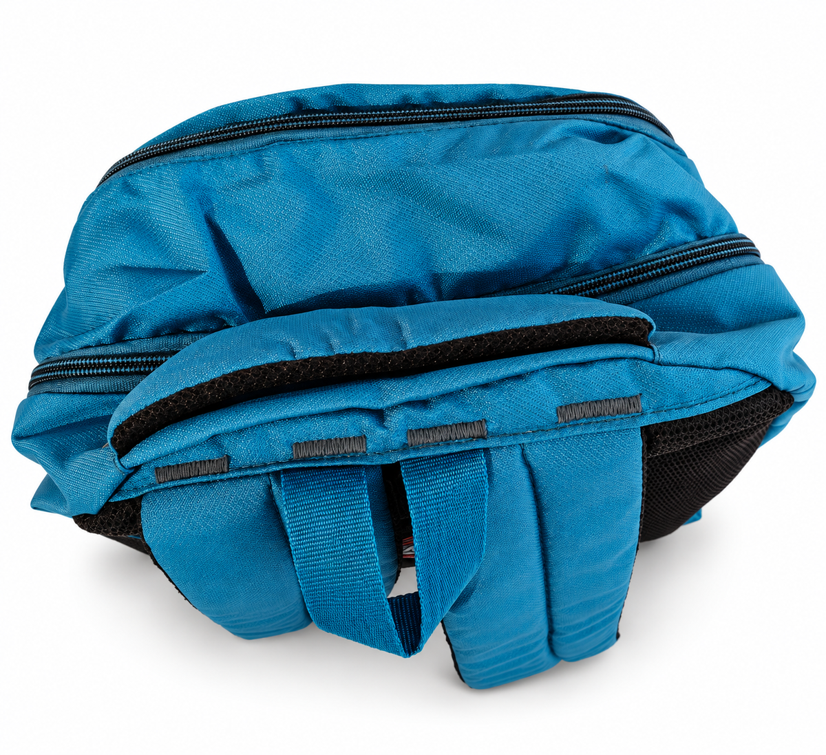 Blue School Backpack with 4 Zipper Compartments, Front Heart Print, Side Bottle Pockets & Air Mesh Back β School & Picnic Bag