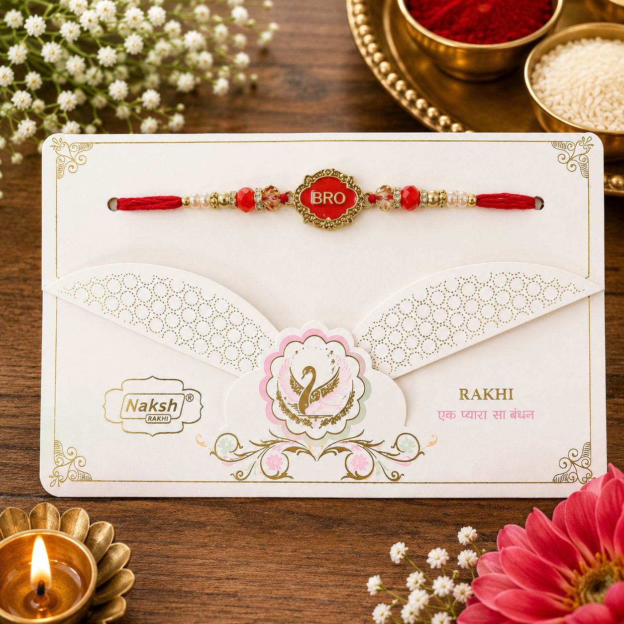 Premium BRO Designer Rakhi for Brother – Red & Green Color Options