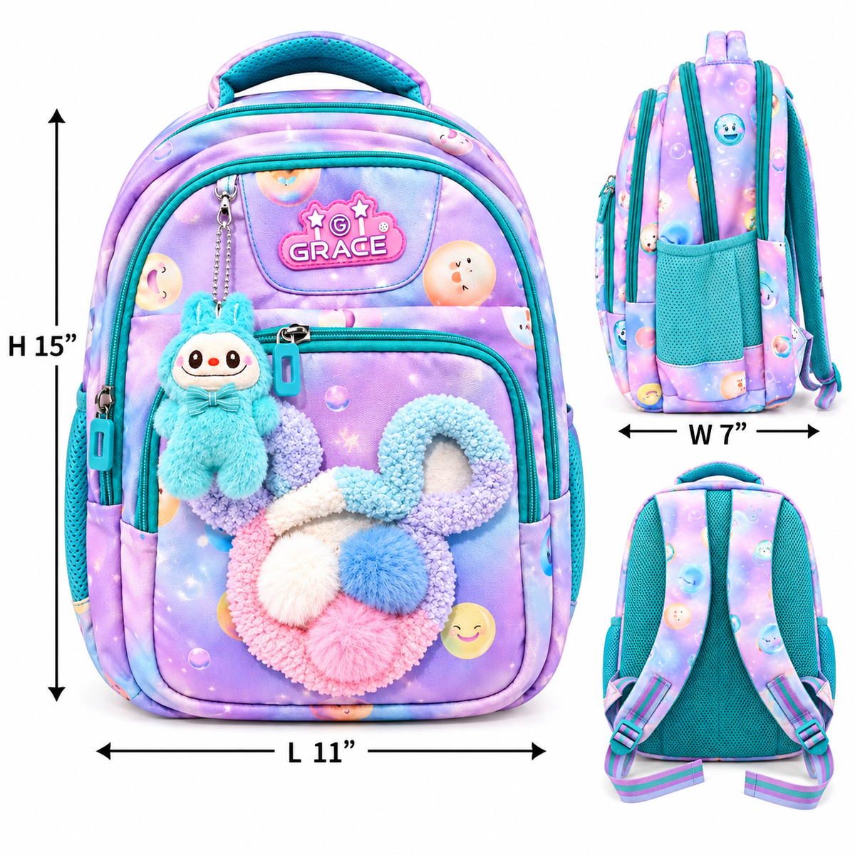 Girls School Backpack | Cute Stylish Spacious Backpack with Plush Keychain | Lightweight Backpack with Side Bottle Pockets