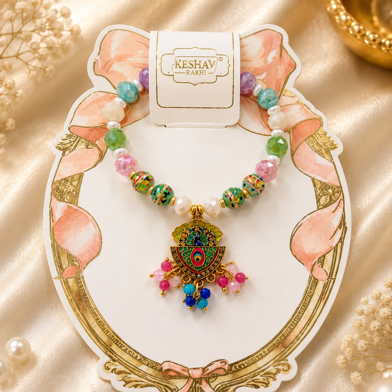 Premium Designer Lumba Rakhi Bracelet | Multicolor Beads Bracelet Rakhi | Peacock Charm Bhabhi Rakhi