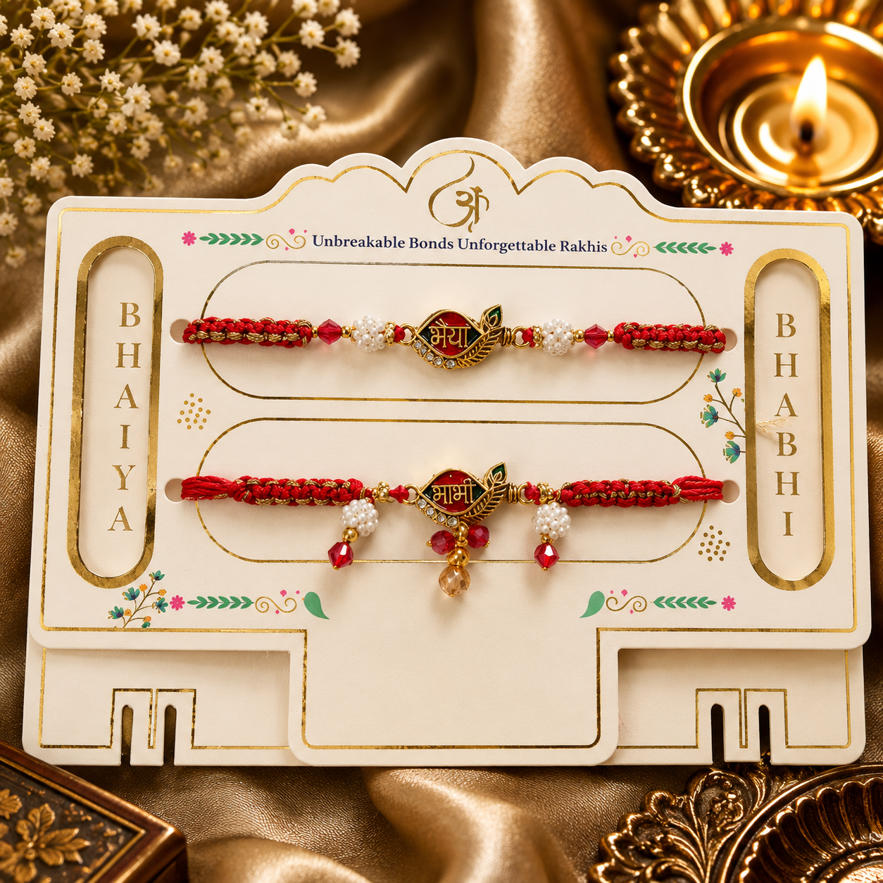 Bhaiya Bhabhi Rakhi Set with AD Heavy Metal Pendant & Beads