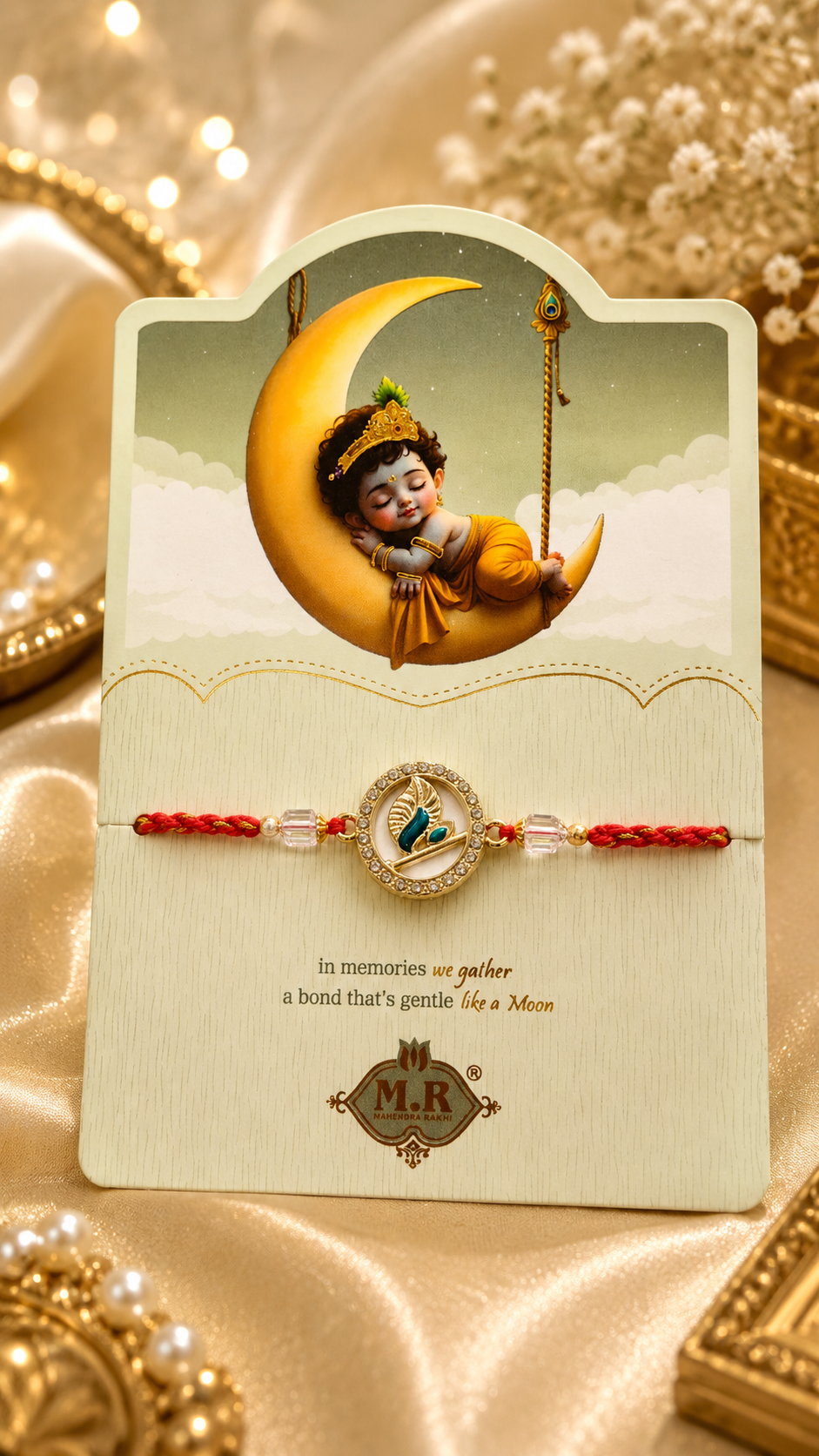 Bal Krishna Rakhi | AD Peacock Feather Charm Rakhi | Spiritual Designer Rakhi
