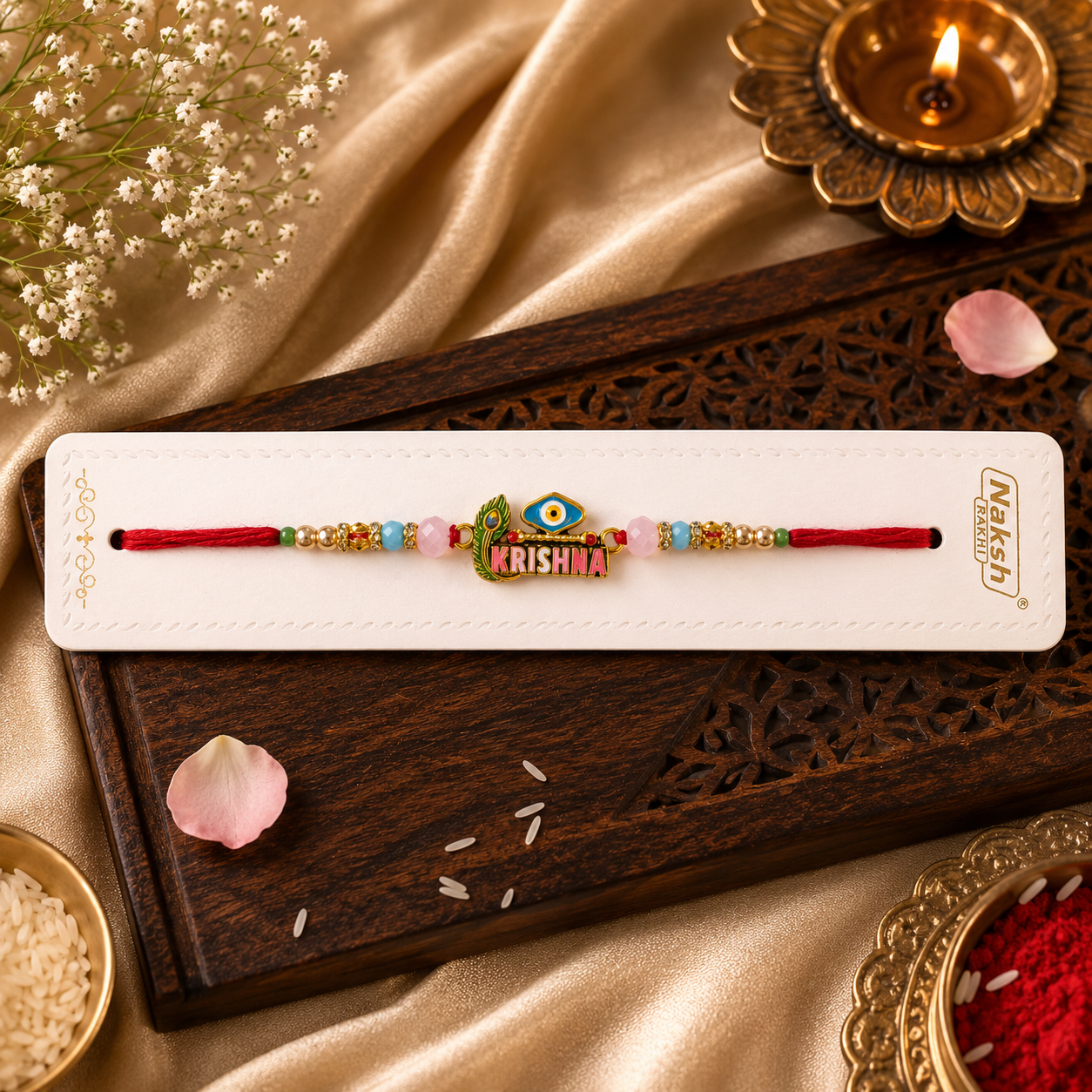 Premium AD Krishna Designer Rakhi for Brother – Divine Raksha Bandhan Special
