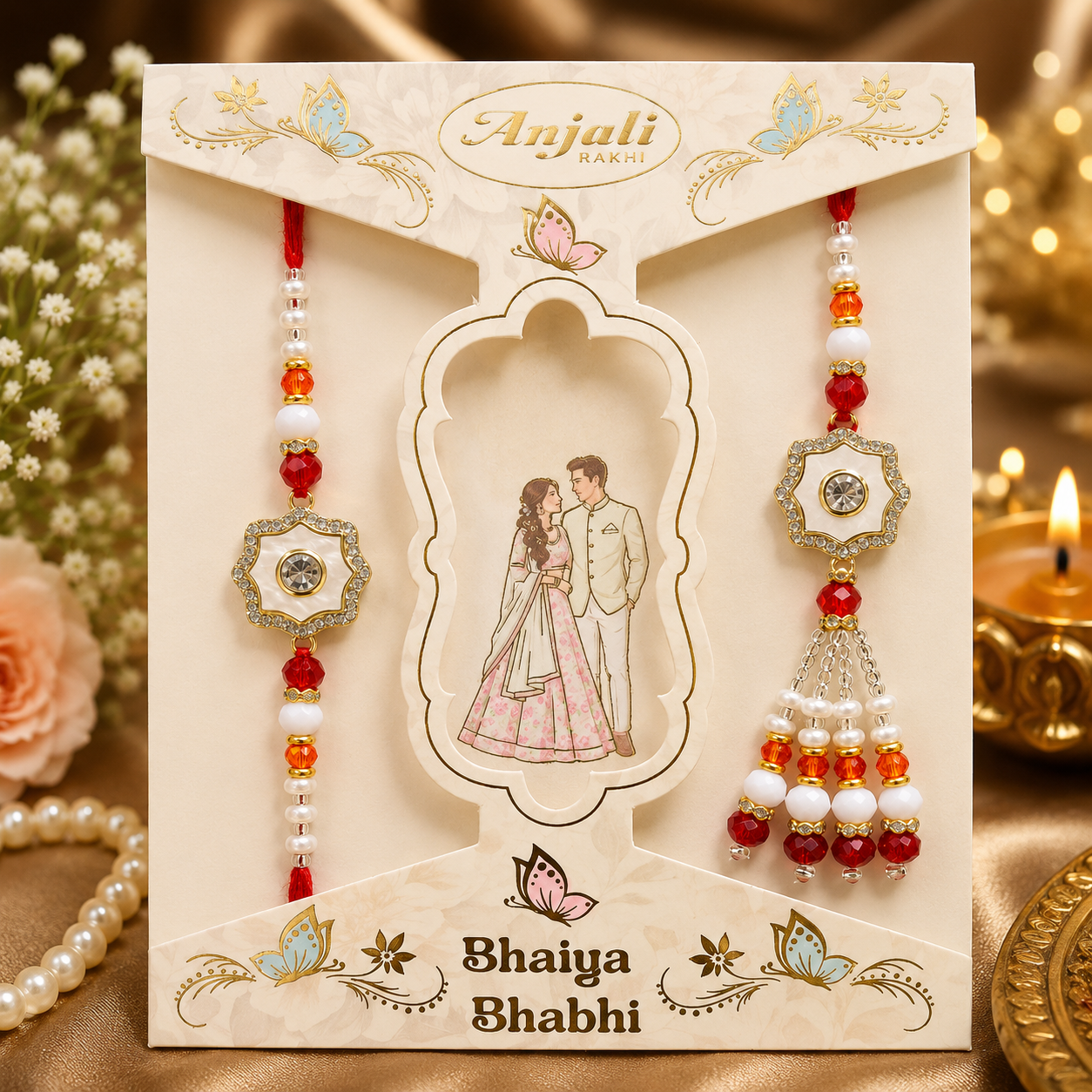 Elegant AD Bhaiya Bhabhi Lumba Rakhi Set with Handcrafted Thread