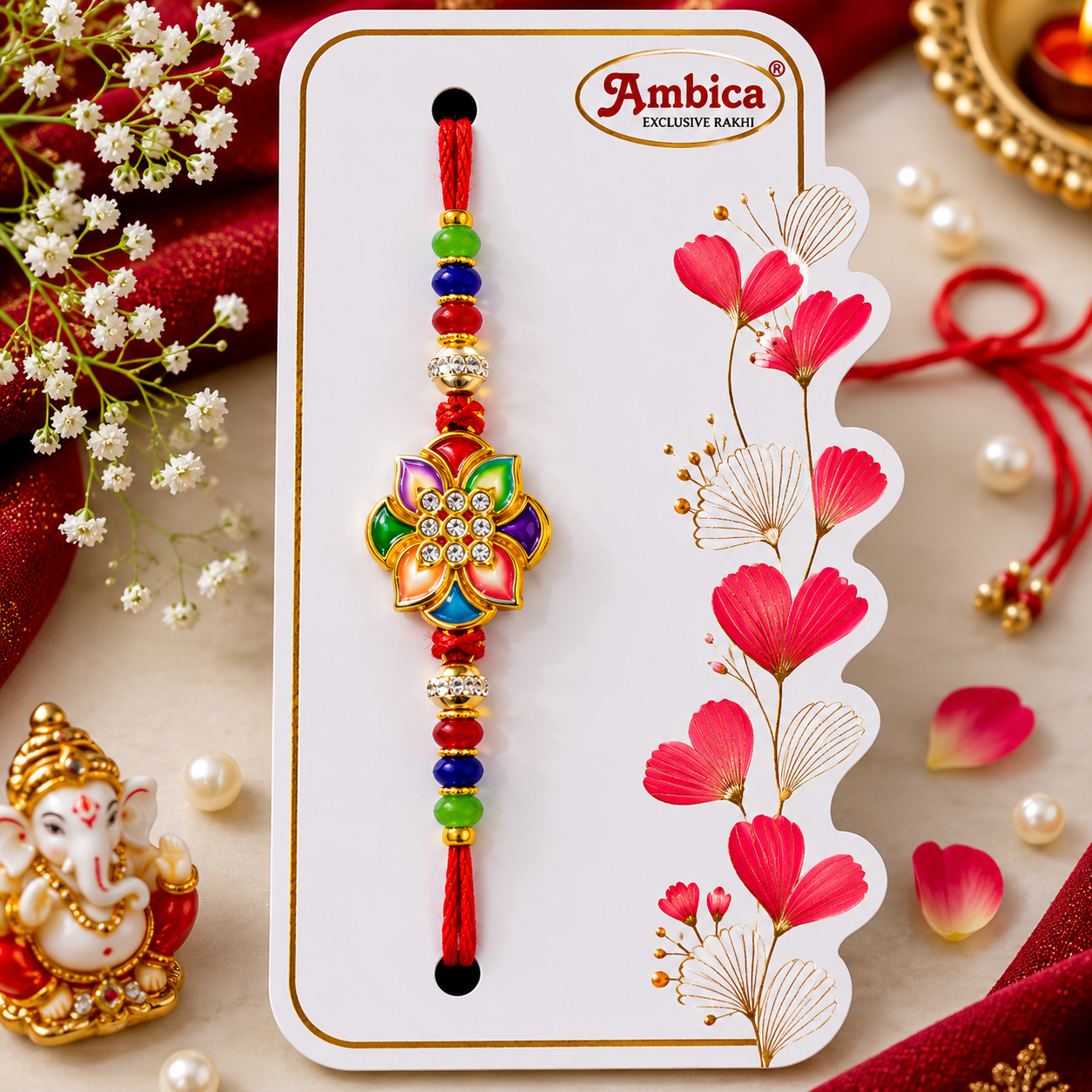 Premium AD Multicolor Floral Designer Rakhi for Brother – Raksha Bandhan Special