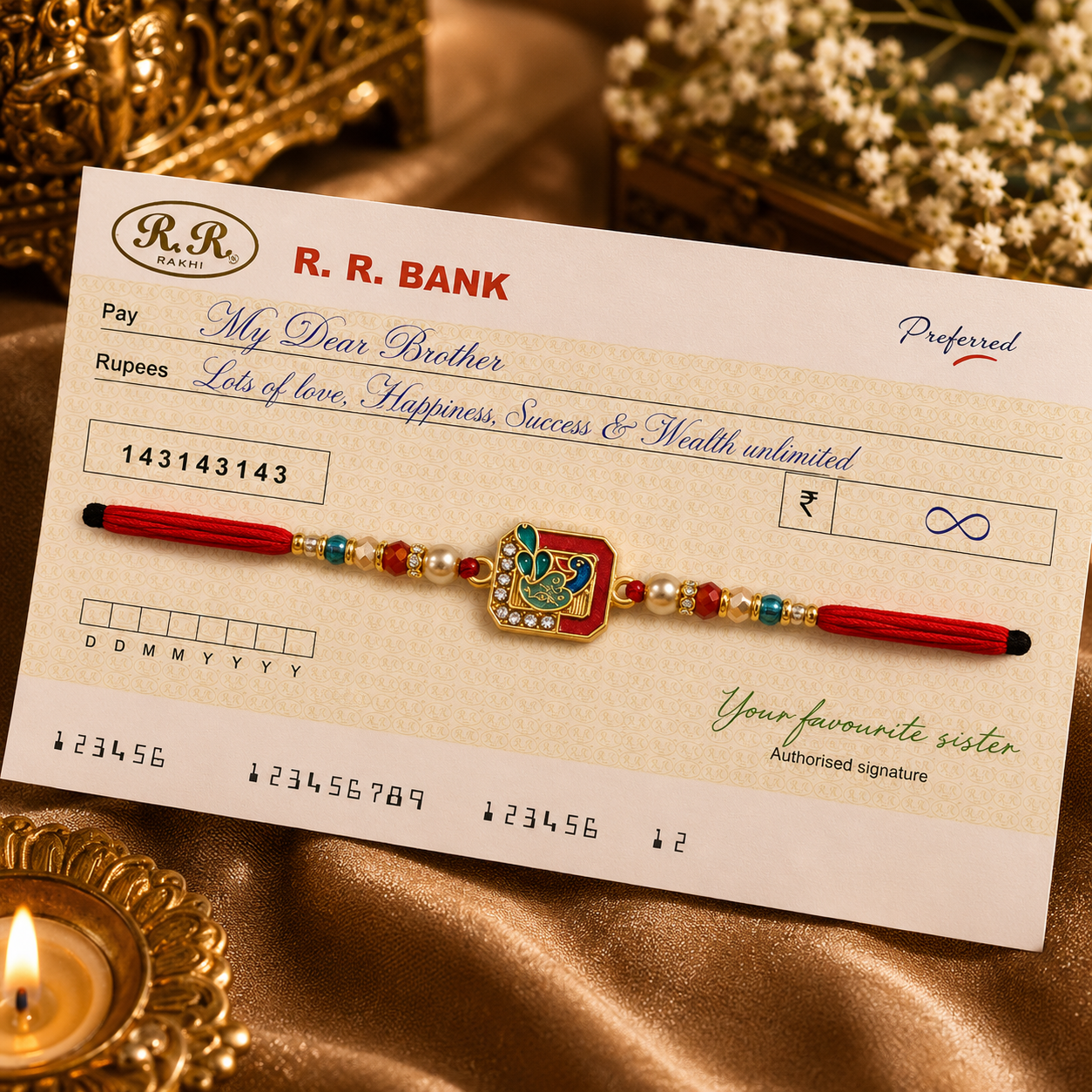Designer Bank Cheque Rakhi with AD Heavy Metal Pendant | Raksha Bandhan Special
