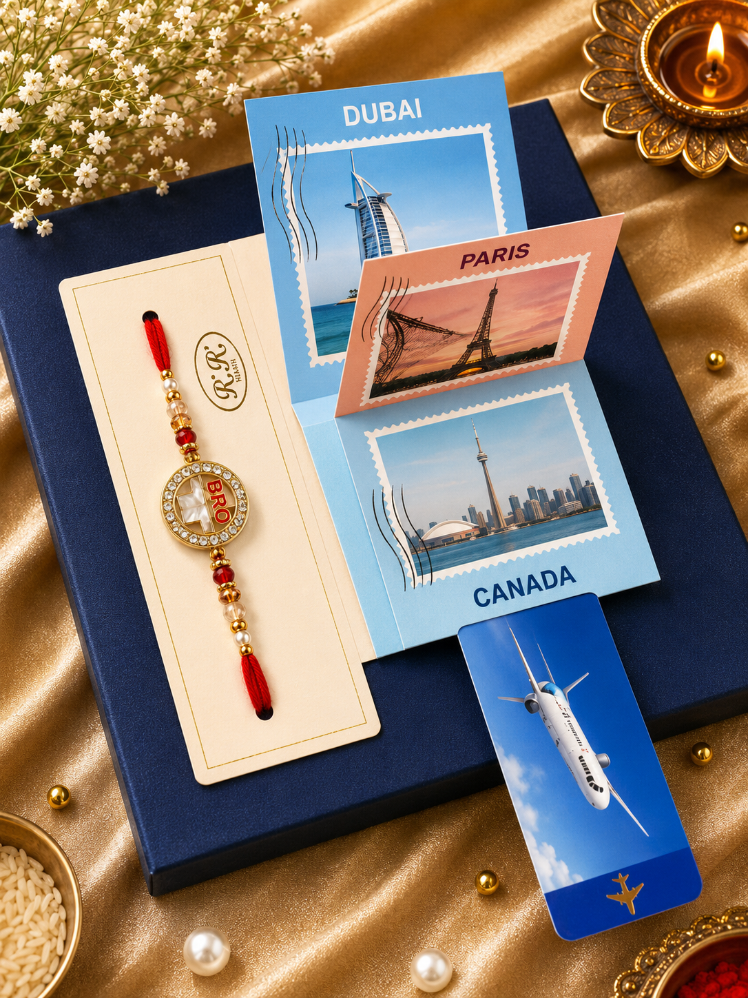 Premium AD Mother of Pearl Travel Theme BRO Rakhi for Brother - Designer Raksha Bandhan Rakhi