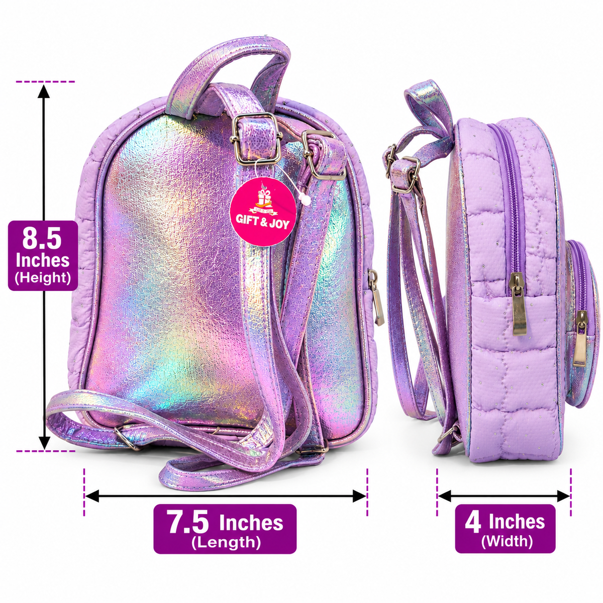 Girls Kids Backpack | 2 Zipper Stylish Quilted School Bag | Cute Purple Glitter Backpack with Flower Design