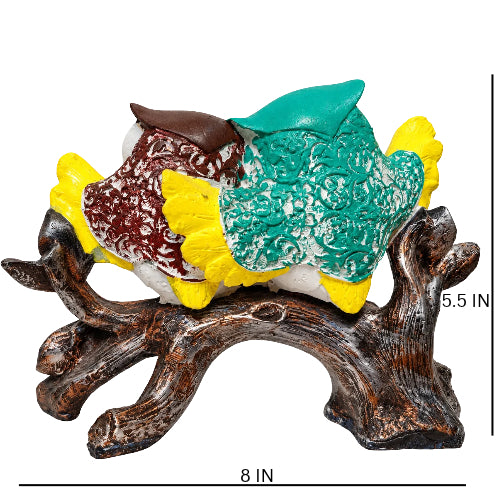 colourful owl couple on tree branch – luxury artistic home decor showpiece for living room, office, study and tabletop decoration
