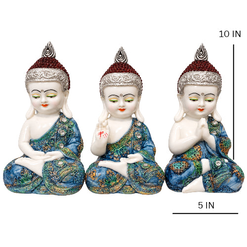 Set of 3 ornate jeweled buddha showpieces - luxury artistic home decor showpiece for living room, office, study and tabletop decoration