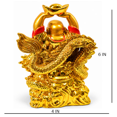 Premium gold finish laughing buddha with dragon figurine - luxury artistic home decor showpiece for living room, office, study and tabletop decoration