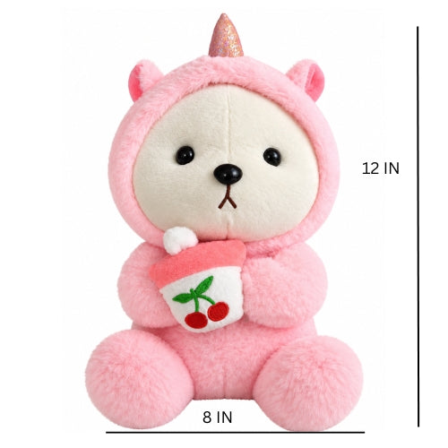 Pink Unicorn Soft Teddy Toy with Cherry Sipper – Adorable Plush Toy for Girls