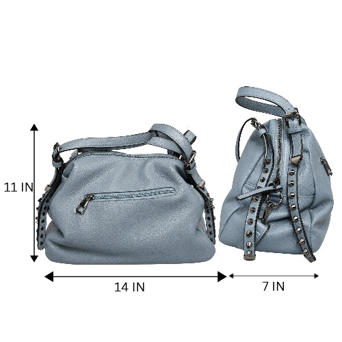 Dusty Blue Studded Hobo Handbag with Detachable Strap – 3 Zip Compartments