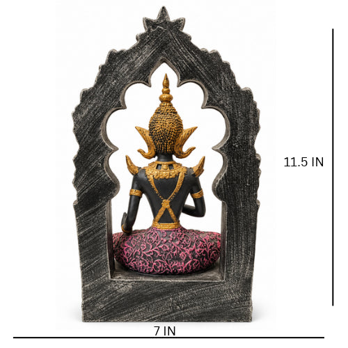 Antique black and gold meditation statue with decorative arch - luxury artistic home decor showpiece for living room, office, study and tabletop decoration