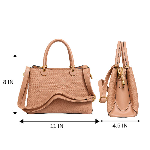 Embossed Nude Textured Handbag with Gold Charm & Detachable Sling Strap