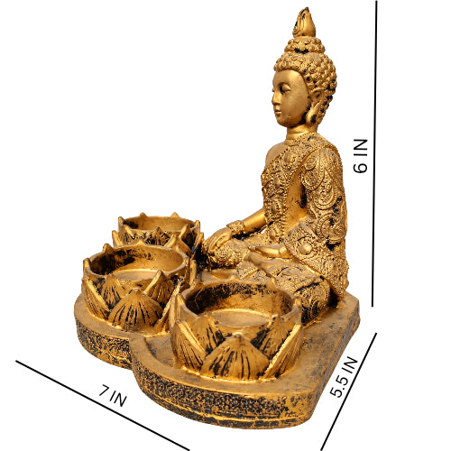 Antique gold buddha lotus diya holder – luxury artistic home decor showpiece for living room, office, study and tabletop decoration