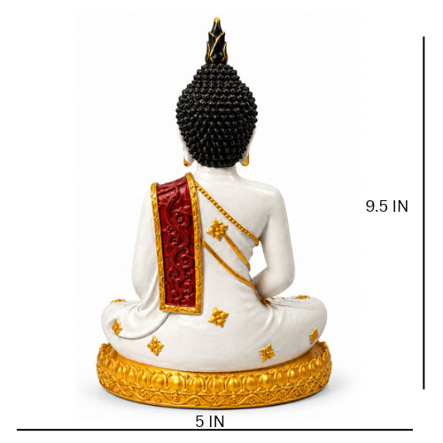 White and gold meditating buddha statue with red robe - luxury artistic home decor showpiece for living room, office, study and tabletop decoration