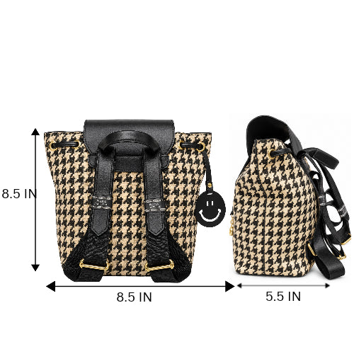 Classic Houndstooth Backpack with Leather Trim & Drawstring Closure