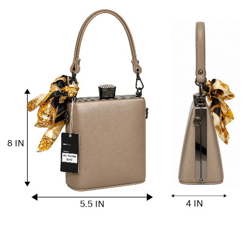 Impassion Elegant Metallic Box Clutch Handbag With Scarf
