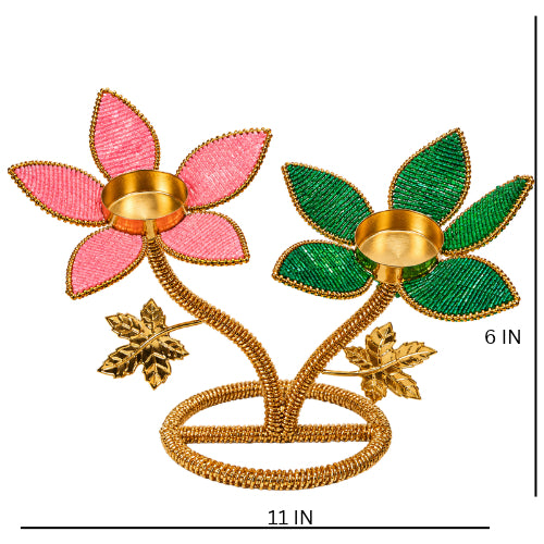 Golden Metal double flower cut dana work diwali tealight holder