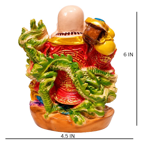 Colourful laughing buddha showpiece with dragon and wealth accessories - luxury artistic home decor showpiece for living room, office, study and tabletop decoration