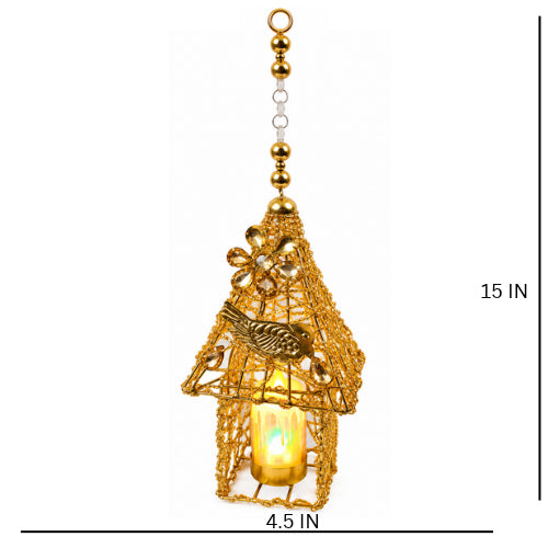 Golden Metal cut  dana work birdcage diwali tealight holder