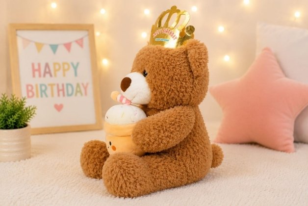 BROWN  BEAR HAPPY BIRTHDAY MUSIC &  LITE TEDDY WITH CAKE SOFT TOY | GIFT FOR BOYS & GIRLS