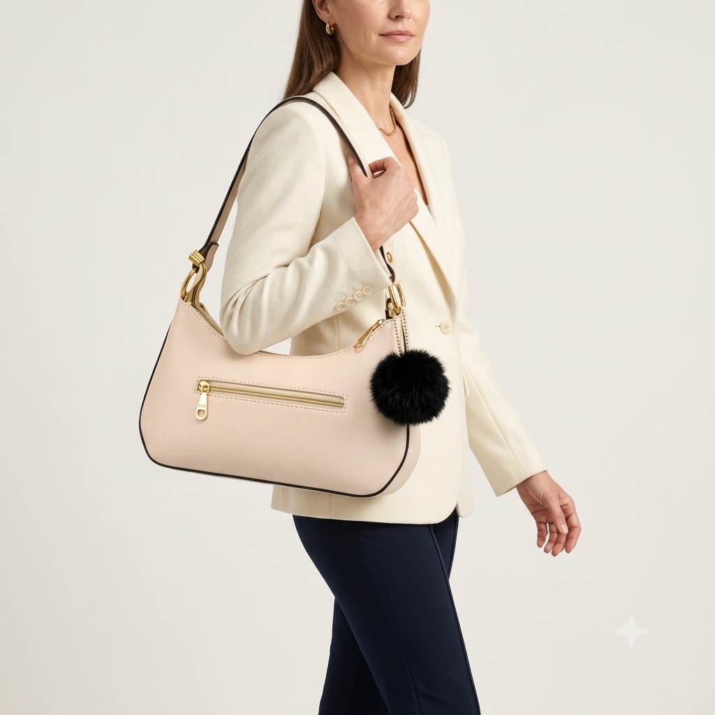 Elegant Beige Shoulder Sling / Handbag with Soft keychain for Women / Girls