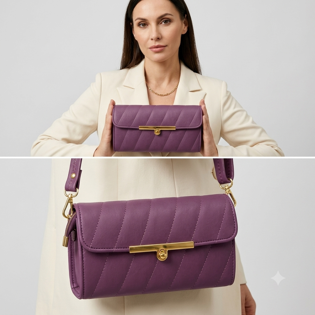 Elegant Purple Quilted Sling / Handbag with Gold-Tone Lock & Adjustable Strap for Women