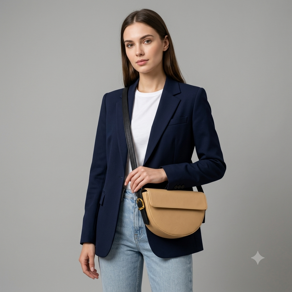 Elegant Tan & Black Saddle Sling Bag with Flap Design & Gold-Tone Details for Women & Girls