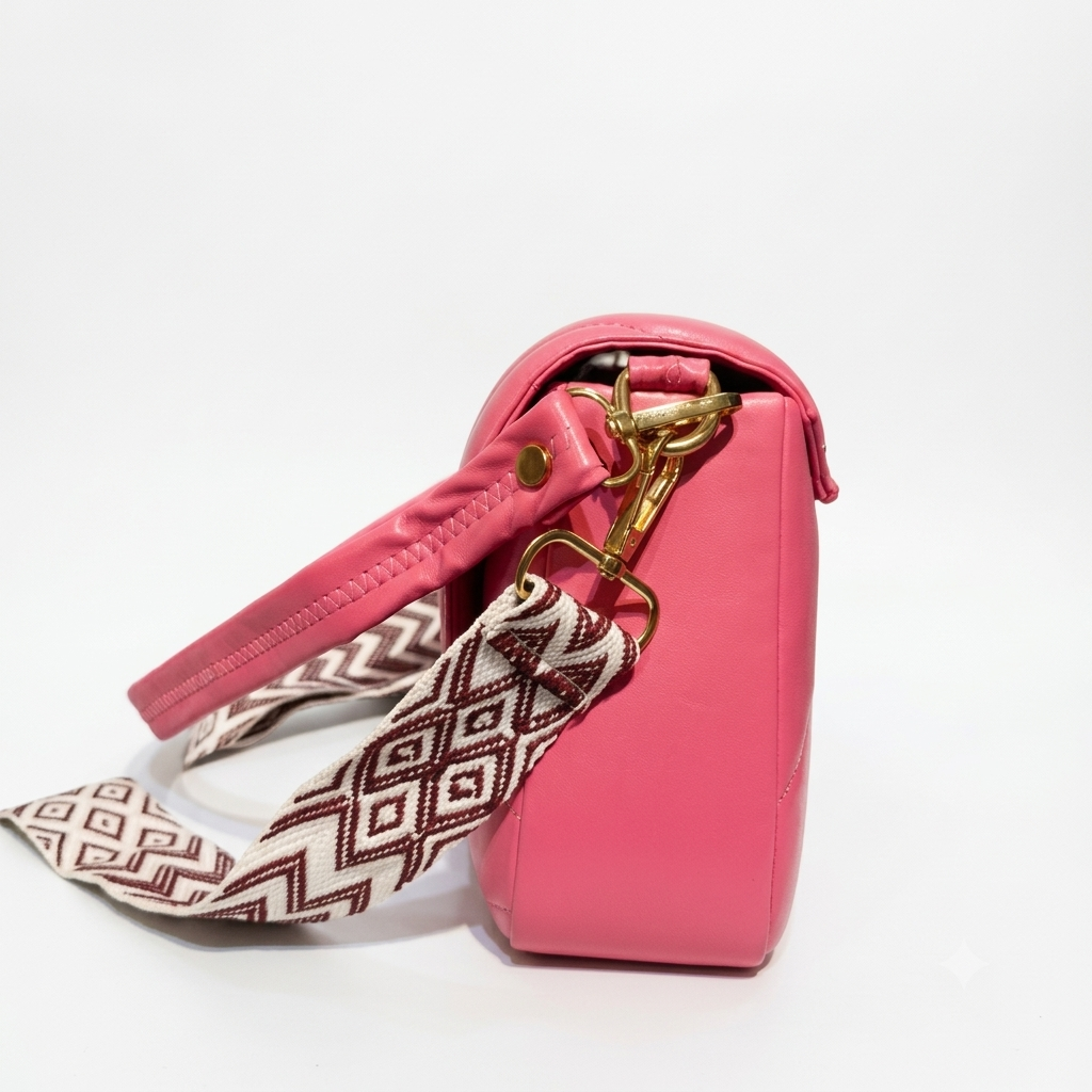 Quilted Pink Sling Bag with Gold-Tone Lock & Adjustable Printed Strap for Women & Girls
