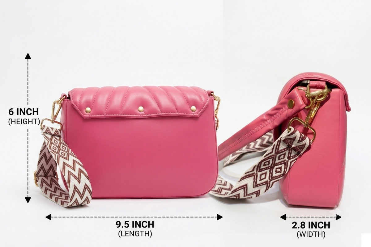 Quilted Pink Sling Bag with Gold-Tone Lock & Adjustable Printed Strap for Women & Girls
